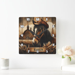 Western Paard Met Cowboy Pet Naast Barn Sunset Vierkante Klok