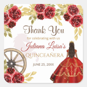 Western Quinceañera Bloemen Rood Goud Charra Crown Vierkante Sticker