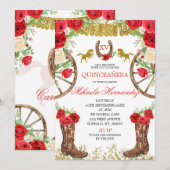 Western Red Rose Charra Quinceanera Invitation (Devant / Derrière)