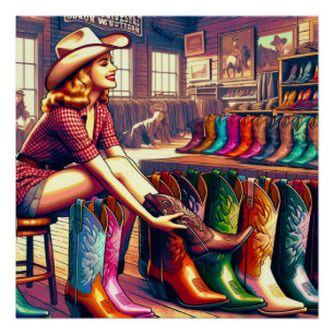 Western Retro Cowgirl Boot Shopping Perfect Poster