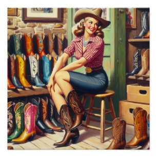 Western Retro Cowgirl Boot Shopping Perfect Poster