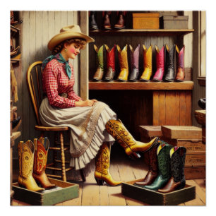 Western Retro Cowgirl Boot Shopping Perfect Poster