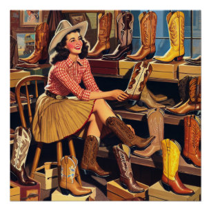 Western Retro Cowgirl Boot Shopping Perfect Poster