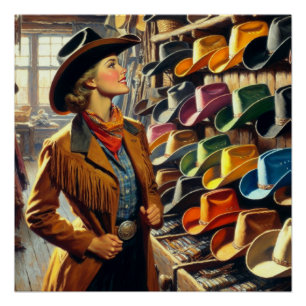 Western Retro Cowgirl Winkelen voor Petten Perfect Poster