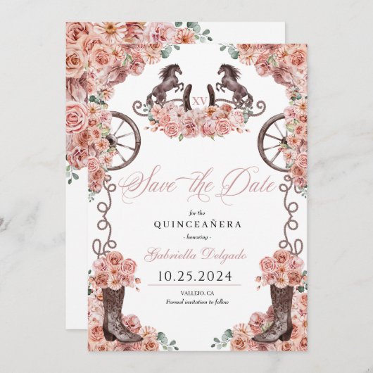 Western Roos Gouden Charro Save De Datum Quinceañe Kaart (Voorkant / Achterkant)