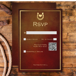 Western Rustiek Hoefijzer Bourgogne & Gold QR Code RSVP Kaartje