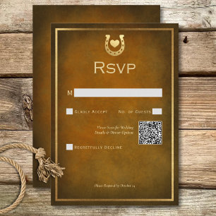 Western Rustiek Hoefijzer Bruin & Gouden QR Code RSVP Kaartje