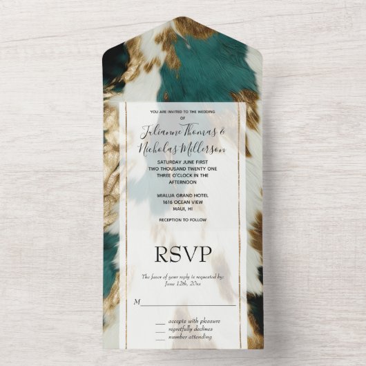 Western Smaragd Goud Wit Koeienhuid All In One Uitnodiging (Binnen)