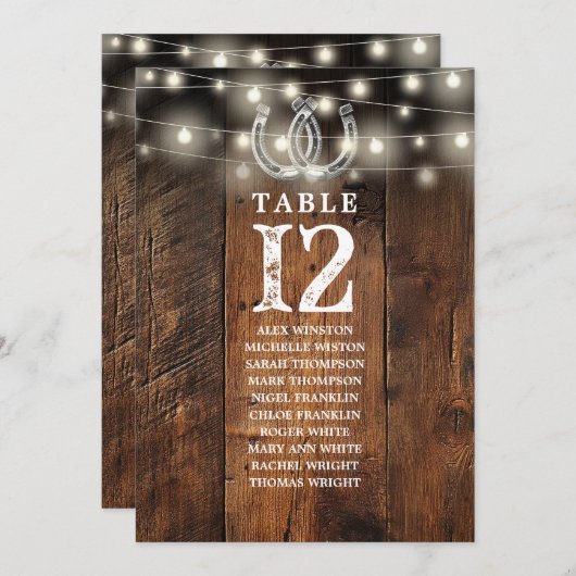 Western String Lights Table Number Seating Chart Kaart (Voorkant / Achterkant)