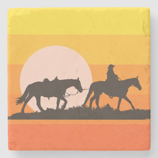 Western Sunset Cowboy Silhouette Throw Pillow Stenen Onderzetter (Voorkant)