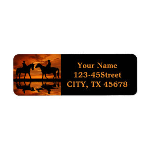 Western Sunset Horseback Riding cowboy silhouette Etiket