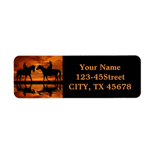 Western Sunset Horseback Riding cowboy silhouette Etiket (Voorkant)