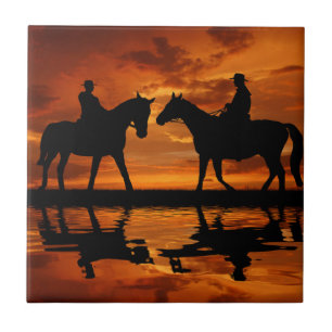 Western Sunset Horseback Riding cowboy silhouette Tegeltje