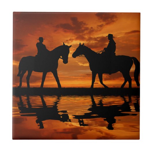 Western Sunset Horseback Riding cowboy silhouette Tegeltje (Voorkant)
