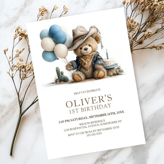 Western Teddy Bear 1st Birthday Party Invitation