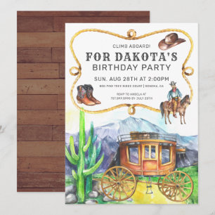 Western thema Stagecoach Cowboy Birthday Party Inv Kaart