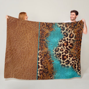 Western Turquoise Glitter Flourish Leather Leopard Fleece Deken