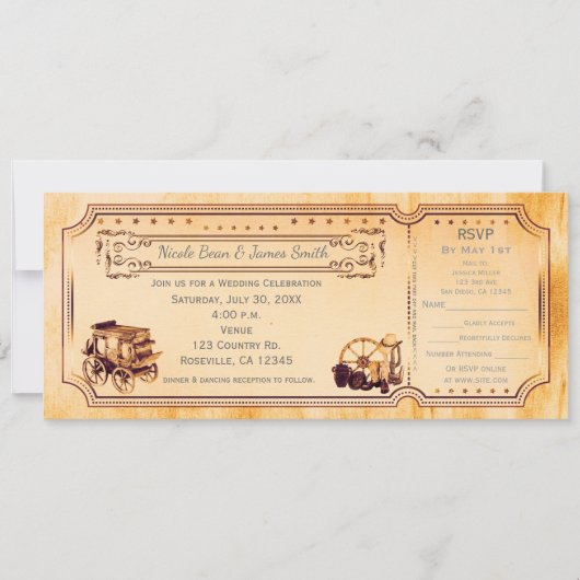 Western Vintage Wedding Ticket Invitation & rsvp (Devant)