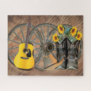 Western Wagon Wheel Gitaar Cowboylaarzen Zonnebloe Legpuzzel