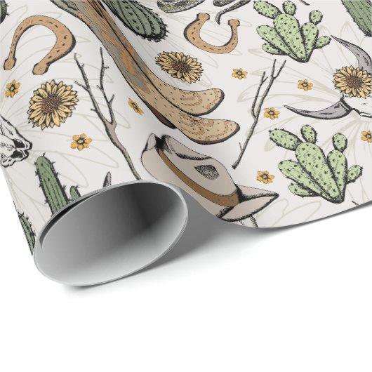 Westerne Americana lachende cowboyschedel en cactu Cadeaupapier (Rol Hoek)