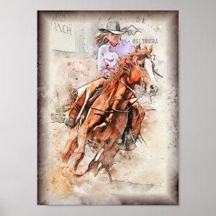 Westerne Barrel Racing Cowgirl Decoupage Print