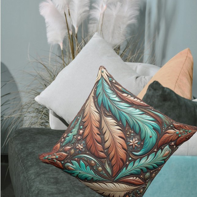 Westerne bewerkte lederen turquoise veren kussen (Western Tooled Leather Turquoise Feathers Throw Pillow)