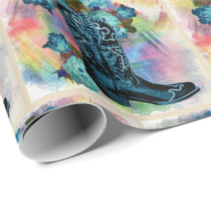 Westerne blauwe cowboy-boot met Rozen op waterkleu Cadeaupapier