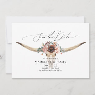 Westerne Bohemen Floral Koe Skull Wedding Save The Date