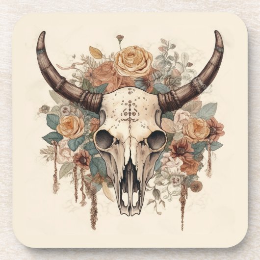 Westerne Boho Bull Skull Floral Bier Onderzetter (Voorkant)