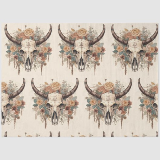 Westerne Boho Bull Skull Floral-ontkoppeling Tissuepapier (Voorkant)