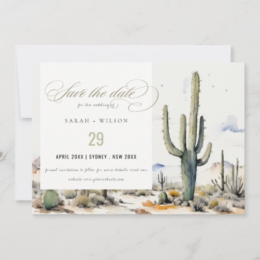 Westerne Boho Cactus woestijn Waterverf Landschap Save The Date (Voorkant)
