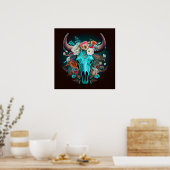 Westerne Boho Flowers Turquoise Koe Bull Skull Poster (Keuken)
