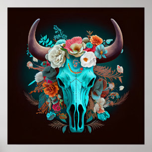 Westerne Boho Flowers Turquoise Koe Bull Skull Poster