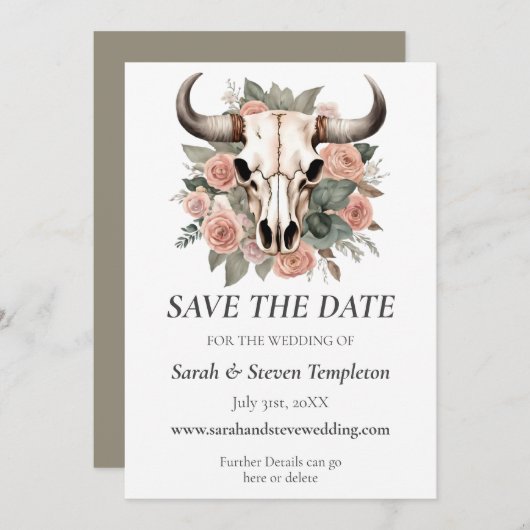 Westerne Boho Koe Floral Skull Sage Wedding Save The Date (Voorkant / Achterkant)