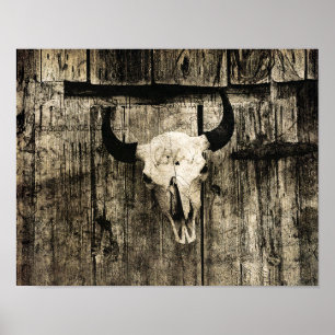 Westerne Bull Skull Barn Brown Rustic Wood Poster