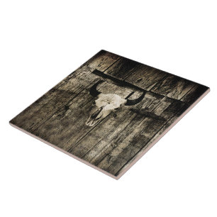 Westerne Bull Skull Barn  Sepia Rustic Wood Tegeltje