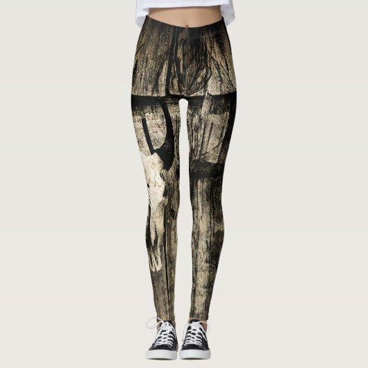 Westerne Bull Skull Bruine Barn Wood Rustig Leggings (Voorkant)