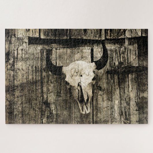 Westerne Bull Skull  Bruine Barn Wood Rustig Legpuzzel (Horizontaal)