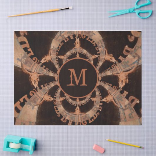 Westerne Bull Skull Sepia Rustige Monogram Tissuepapier (Craft)