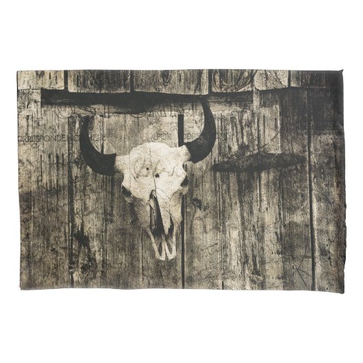 Westerne Bull Skull Wood Barn Sepia  Rustisch Kussensloop (Voorkant-Links)