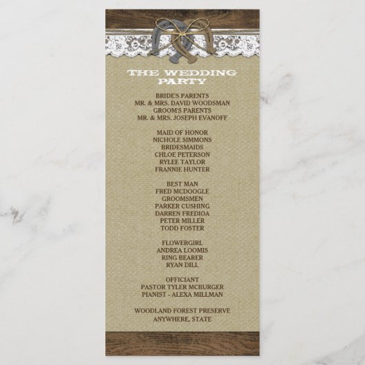 Westerne Burlap and Lace Hoefijzer Wedding Program Programma (Achterkant)
