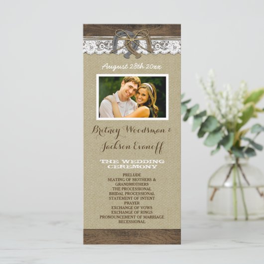 Westerne Burlap and Lace Hoefijzer Wedding Program Programma (Staand voorkant)