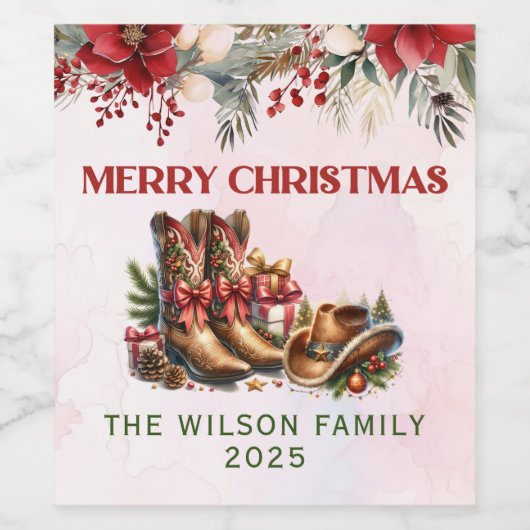 Westerne Cowboy Boots Merry Christmas Wijnlabel Wijn Etiket (Enkel label)