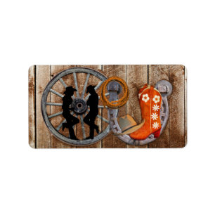 Westerne Cowboy Cowgirl Hoefijzer Wagon Wiel Etiket