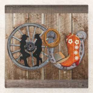 Westerne Cowboy Cowgirl Hoefijzer Wagon Wiel Glazen Onderzetter