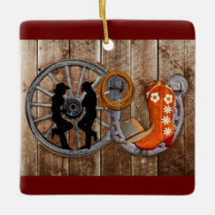Westerne Cowboy Cowgirl Hoefijzer Wagon Wiel Keramisch Ornament