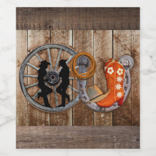 Westerne Cowboy Cowgirl Hoefijzer Wagon Wiel Wijn Etiket