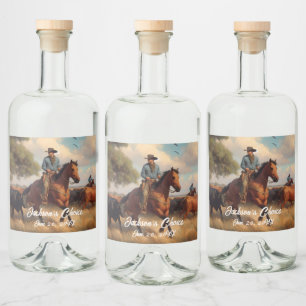 Westerne Cowboy en Bay Horse Bruiloft Likeurfles Etiket