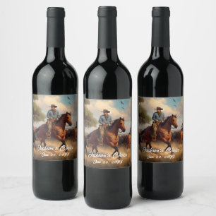 Westerne Cowboy en Bay Horse Wijn Etiket