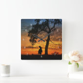 Westerne cowboy en eikenboomstam vierkante klok (Huis)